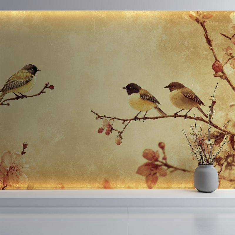 Papier peint vintage fleur et oiseau mur blanc