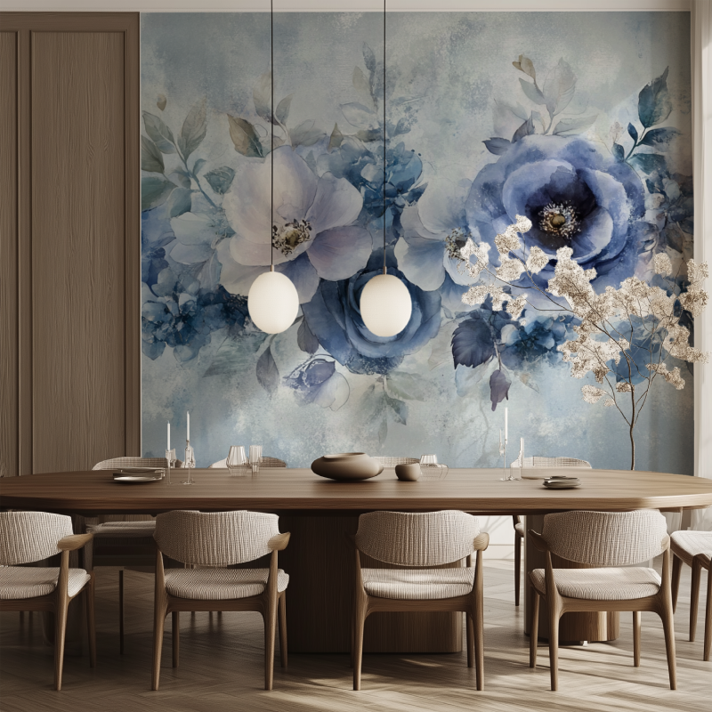 Papier peint fleuri vintage bleu salle manger tendance