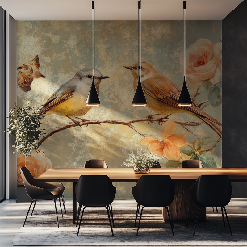 Papier peint vintage fleurs oiseaux salle manger tapisserie