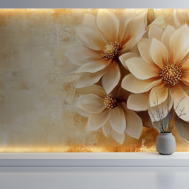 Papier peint fleuri vintage marron mur blanc