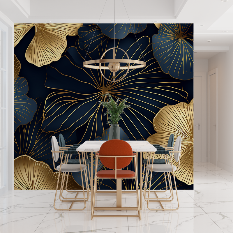 Papier Peint Art Déco Bleu Grosses Fleurs Doré - tendances