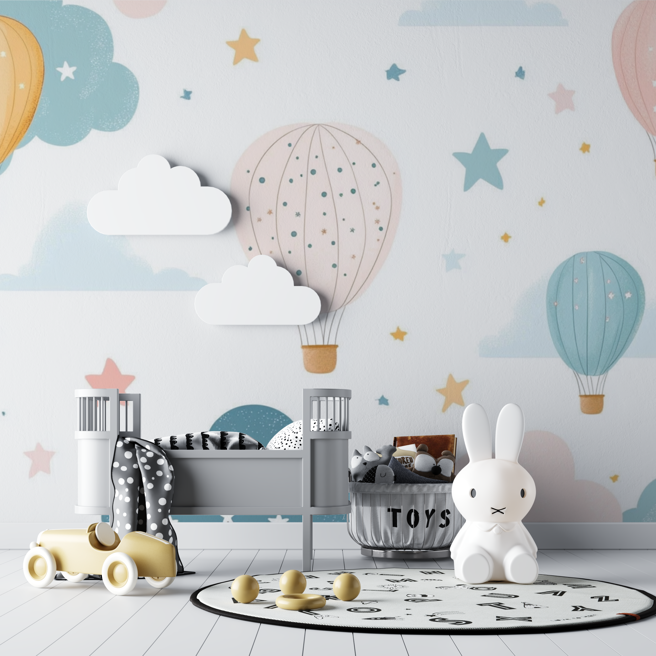 Papier peint montgolfiere et etoiles dorees bebe tipi