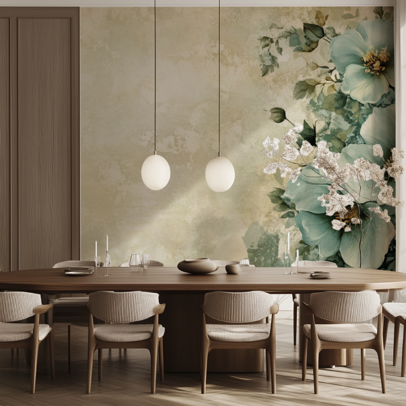 Papier peint vintage fleurs vert salle manger tendance