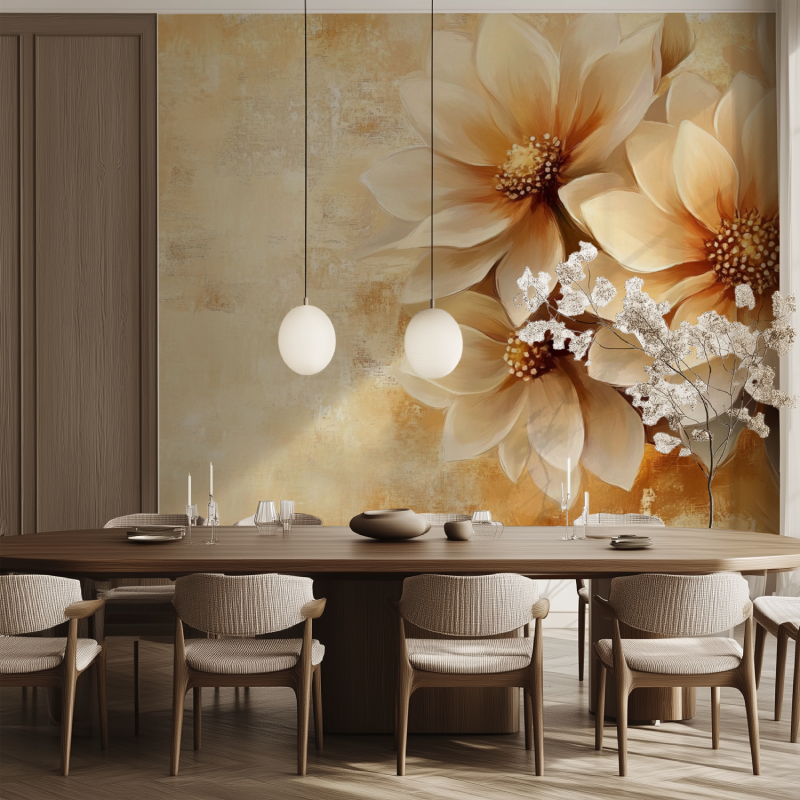 Papier peint fleuri vintage marron salle manger tendance