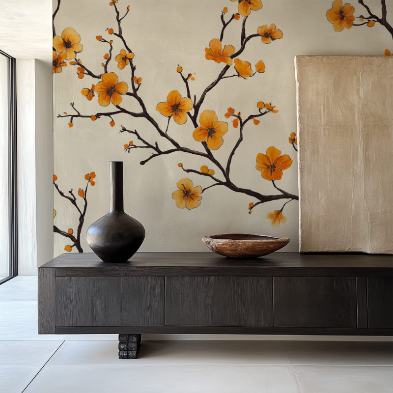 Papier peint vintage fleurs orange salle manger papier