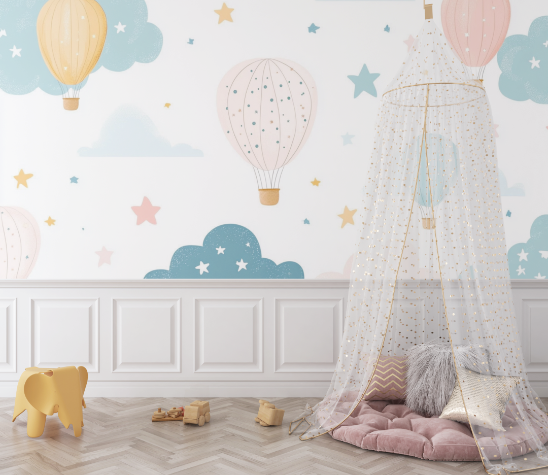 Papier peint montgolfiere et etoiles dorees bebe