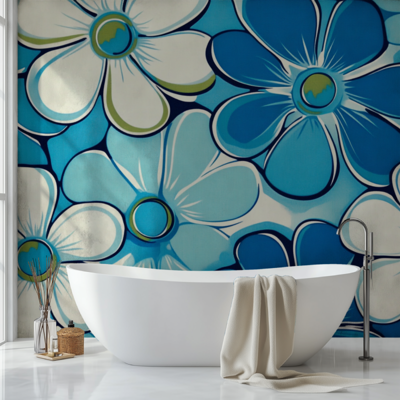 Papier peint fleur vintage bleu hippy sdb