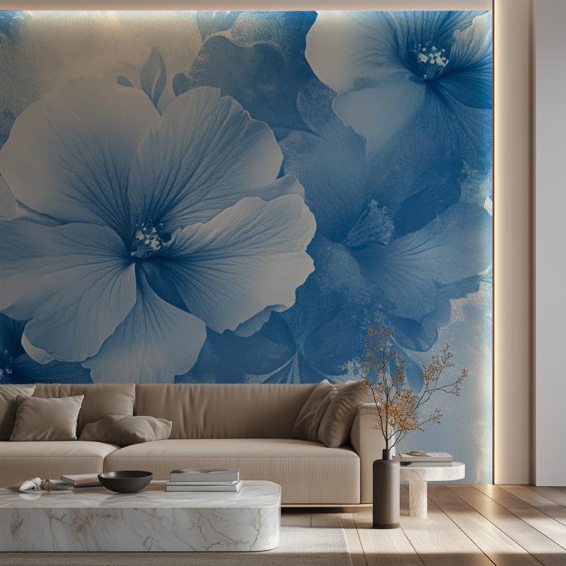 Papier peint vintage fleur bleu canape neon