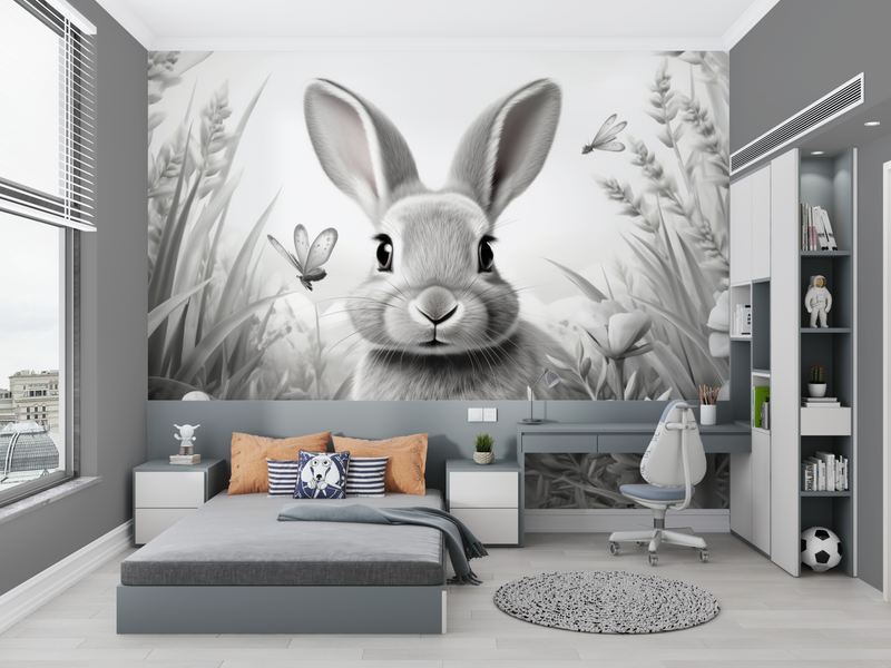 Papier Peint Enfant Lapin Noir Et Blanc - mur chambre panoramique