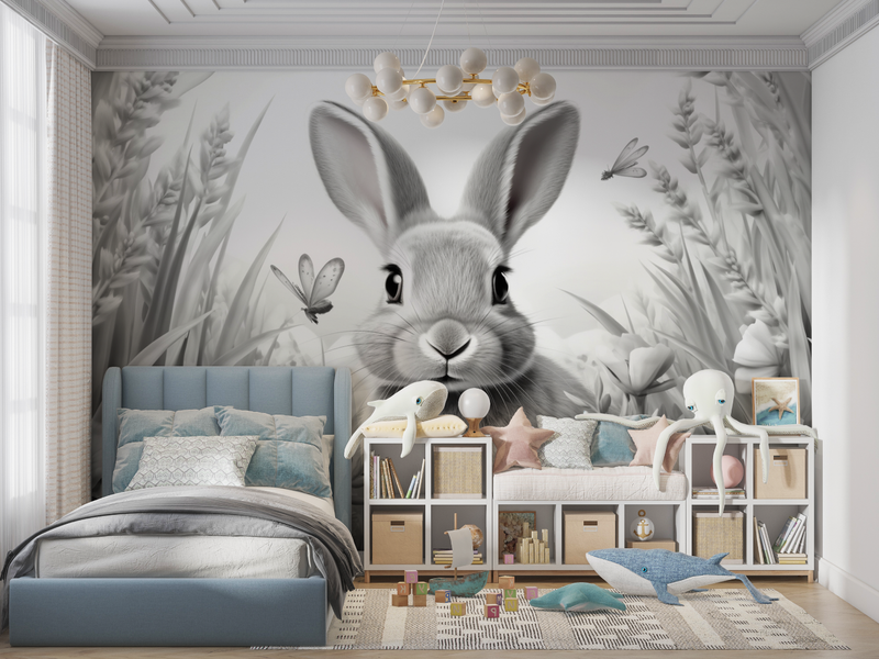 Papier Peint Enfant Lapin Noir Et Blanc - chambre de garçon