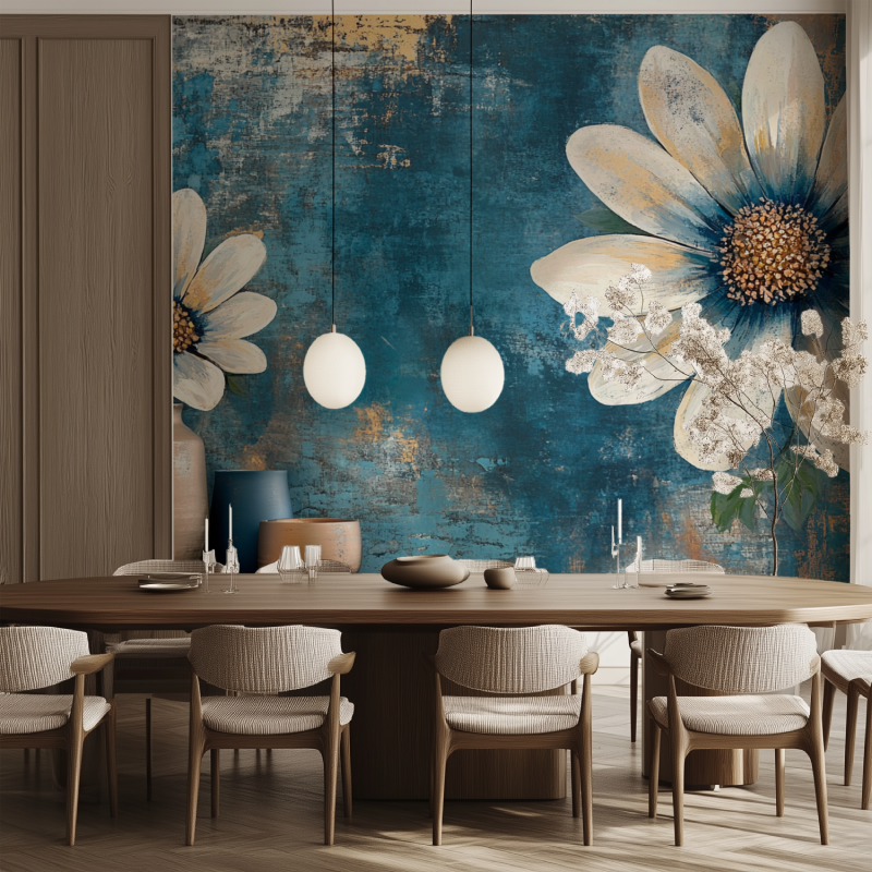Papier peint fleur vintage bleu hippy salle manger tendance