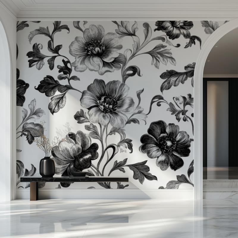 Papier peint fleurs vintage noir et blanc salon beau