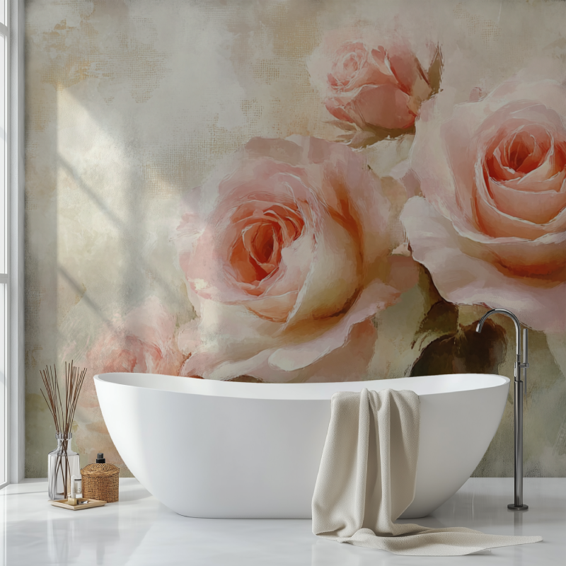 Papier peint fleur vintage rose sdb