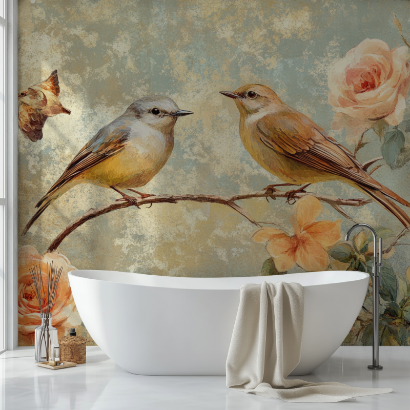 Papier peint vintage fleurs oiseaux sdb