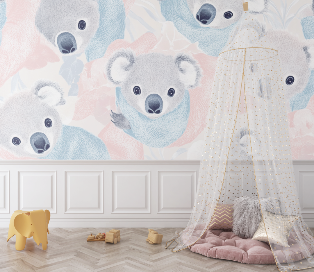 Papier peint koala et couverture tricotee bebe