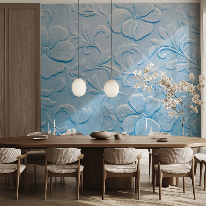 Papier peint vintage fleur bleu salle manger tendance