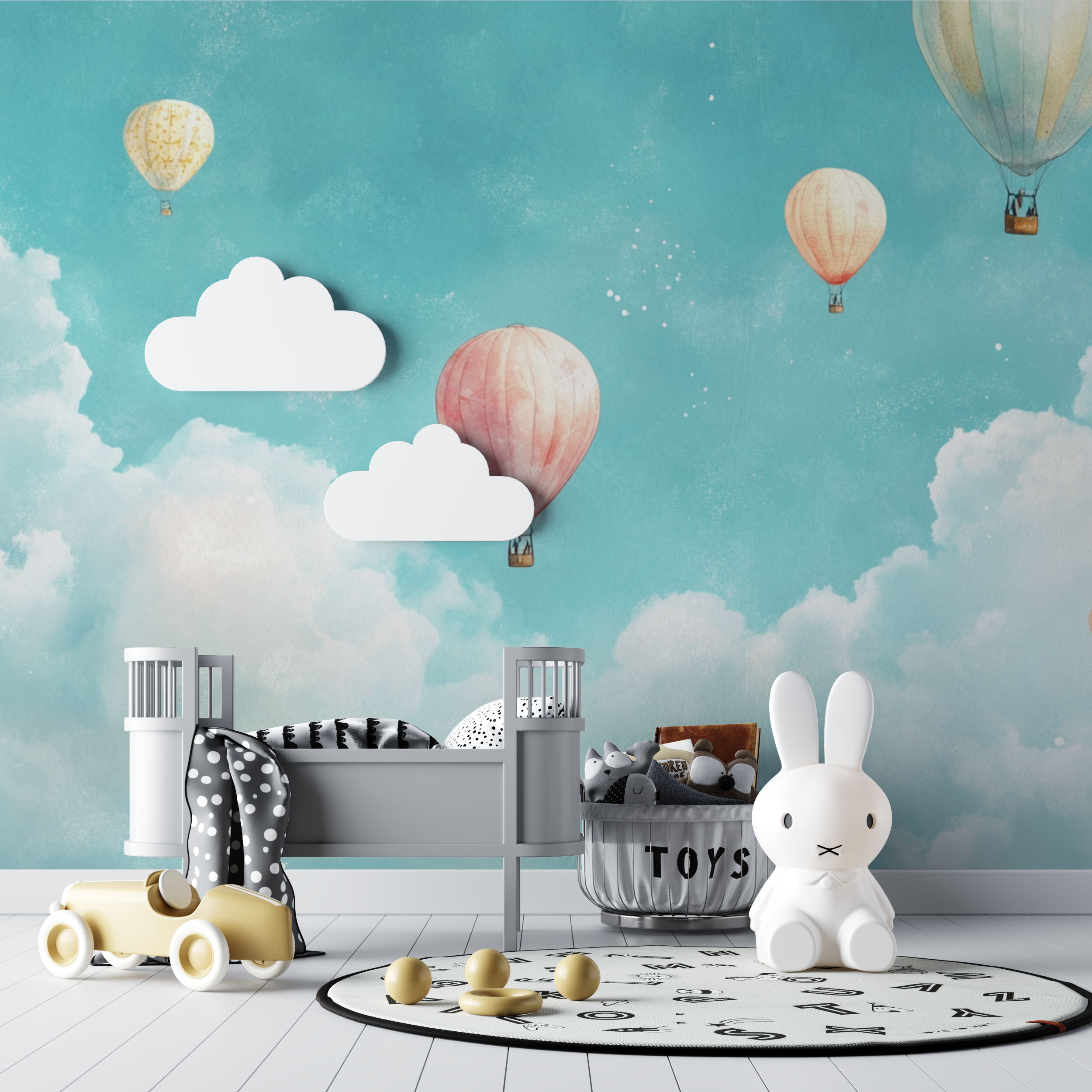 Papier peint montgolfiere et ciel turquoise bebe tipi