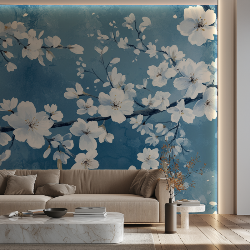 Papier peint fleur bleues de cerisier japonais canape neon