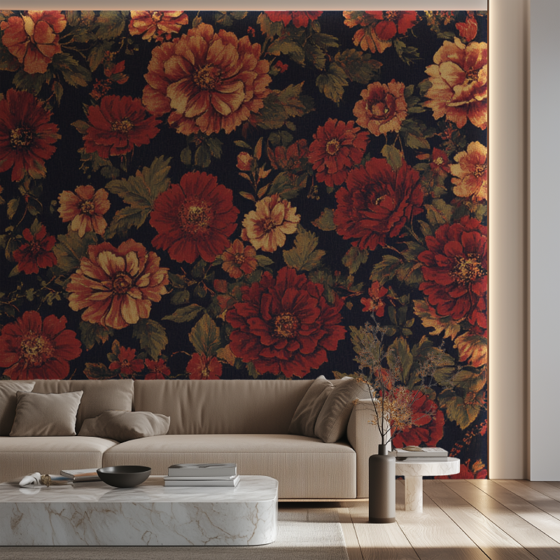 Papier peint vintage fleurs rouges canape neon