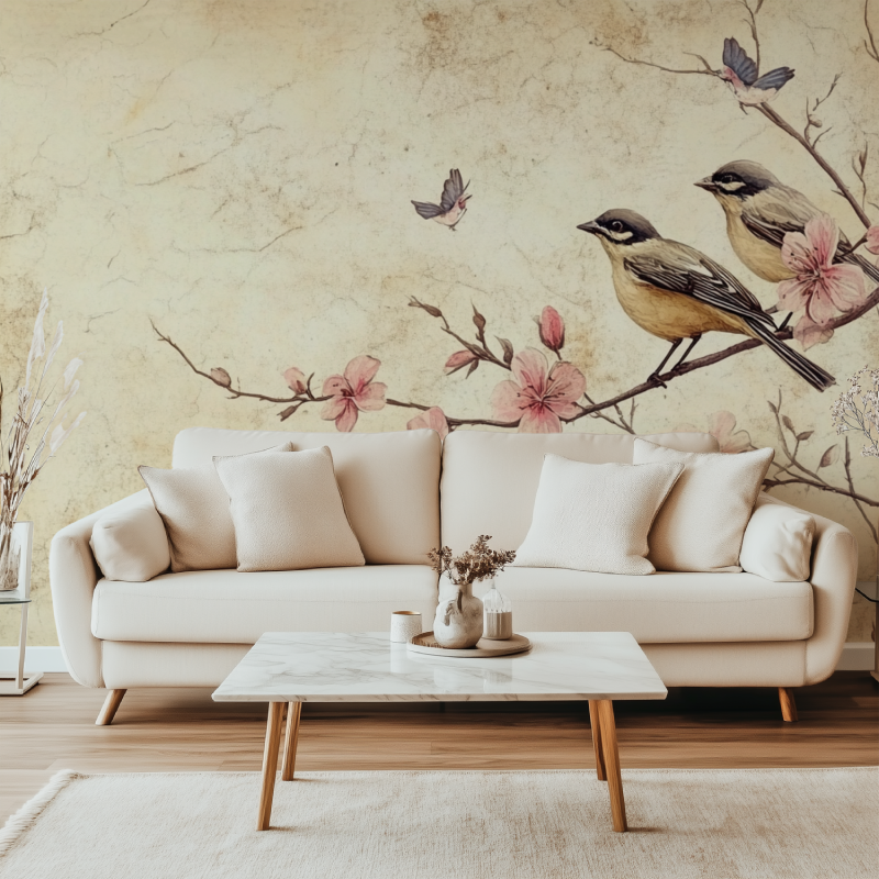 Papier peint vintage fleur et oiseau canape simple
