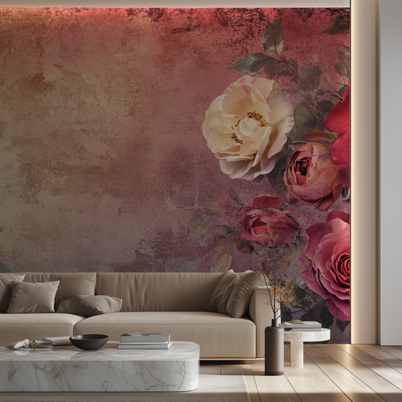 Papier peint vintage grosse fleurs canape neon