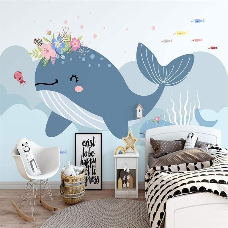 Papier Peint Fille Classique <br/> Baleine et Fleurs