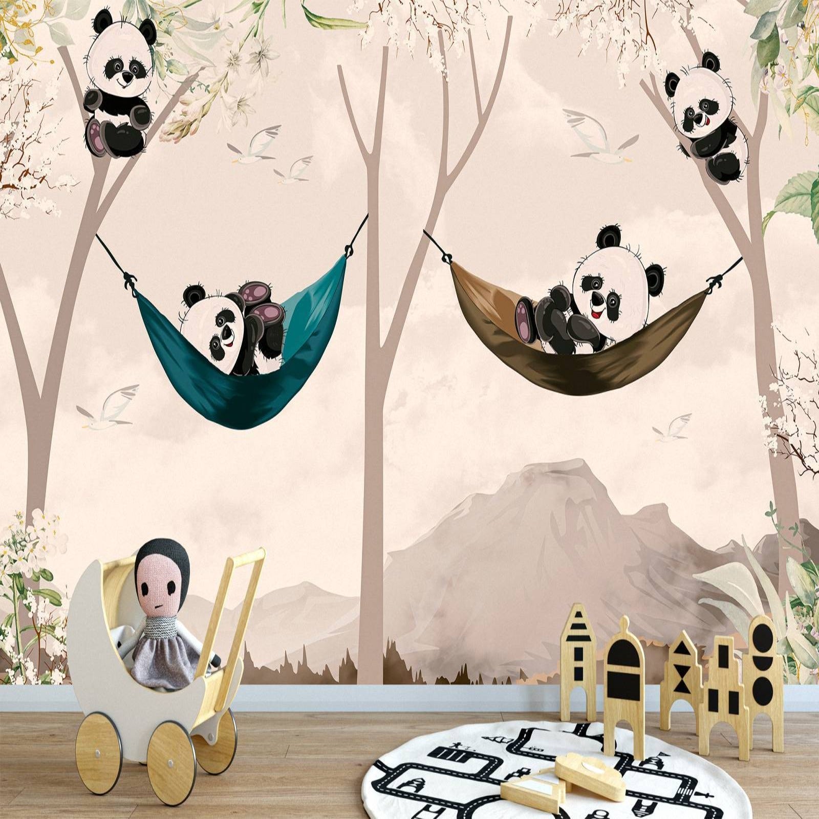 Carta da parati con animali <br/> Baby Panda e amaca - Second Image