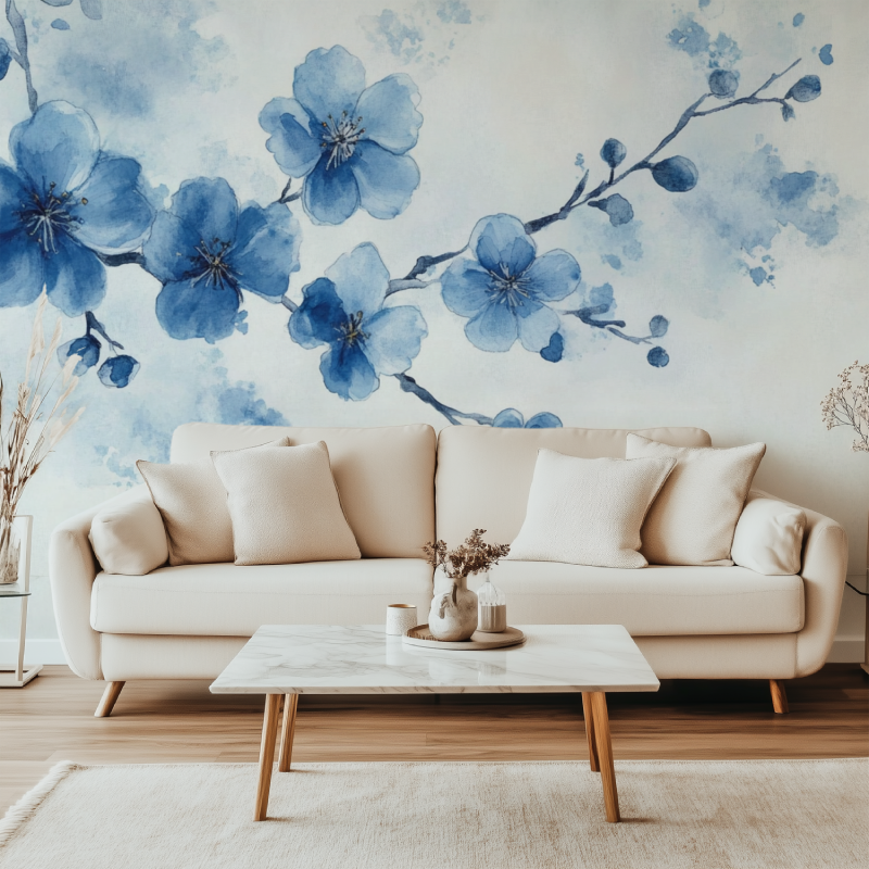 Papier peint fleur de cerisier bleu canape simple