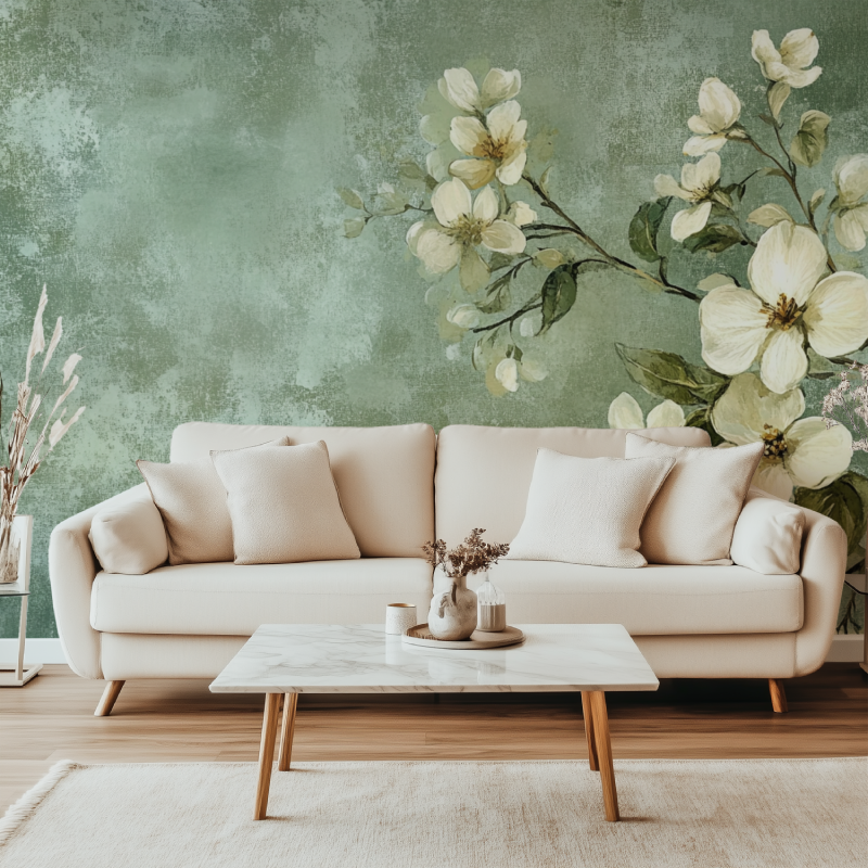 Papier peint vintage fleurs vert canape simple