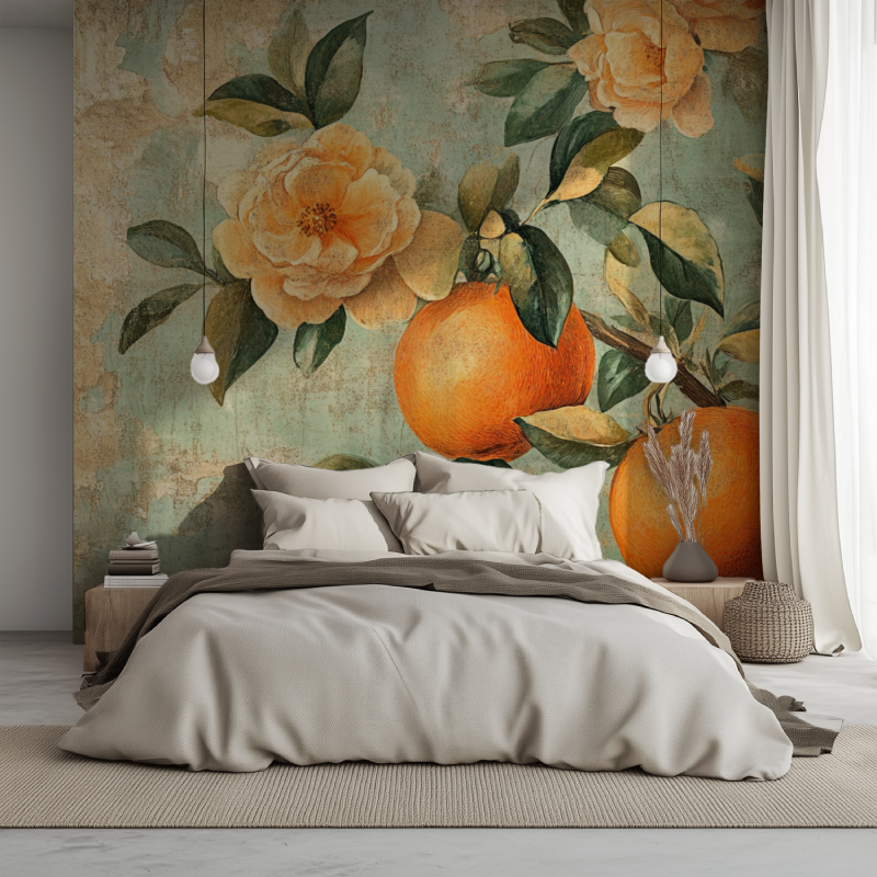 Papier peint vintage fleurs oranges lit 1234