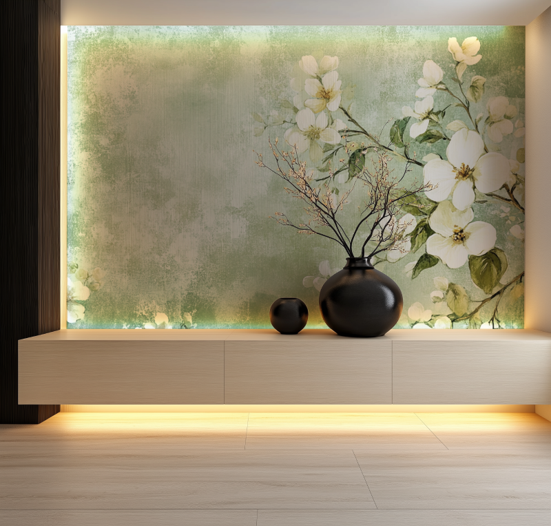 Papier peint vintage fleurs vert salon neon