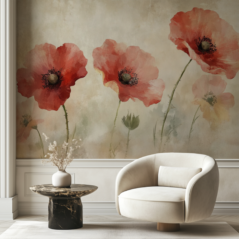 Papier peint vintage fleurs rouges chaise tendance