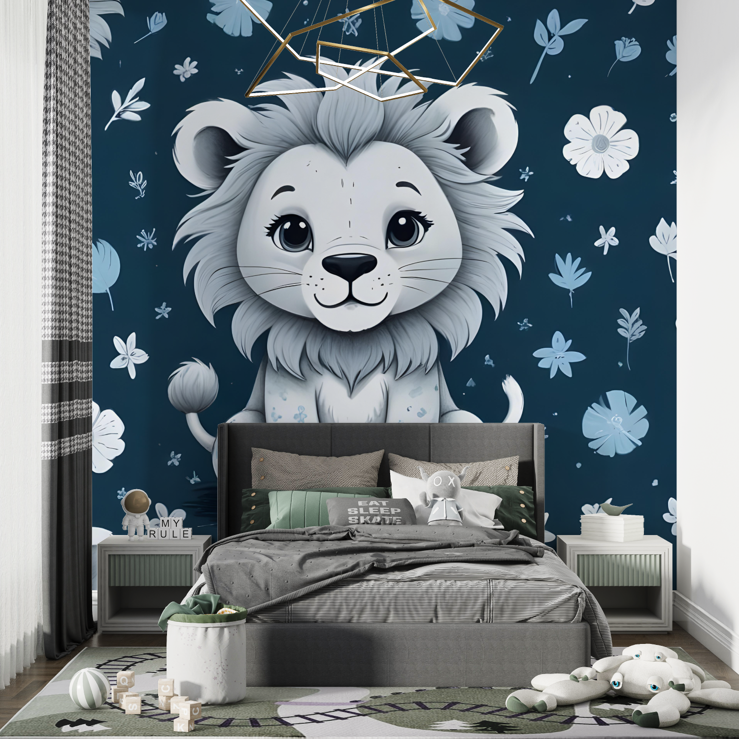 Papier Peint Enfant Lionceau Bleu - chambre petit