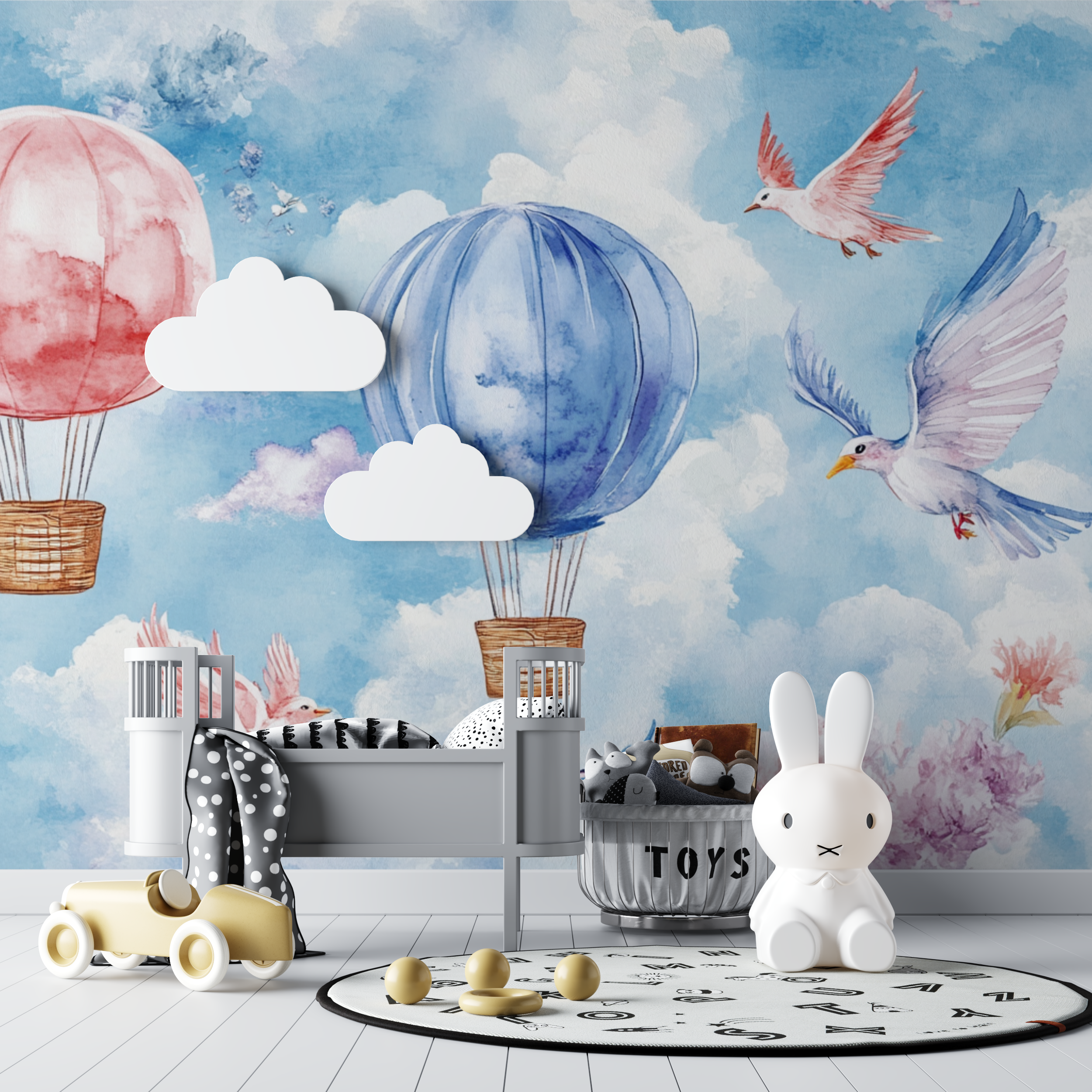 Papier peint montgolfiere et animaux volants bebe tipi