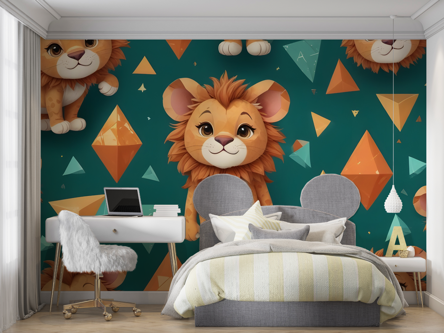 Papier Peint Enfant Lionceau Vert - chambre de garçon