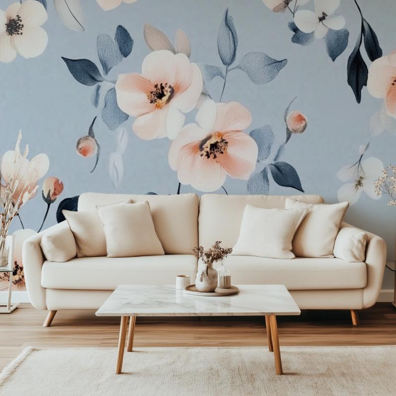 Papier peint fleur cerisier bleu canape simple