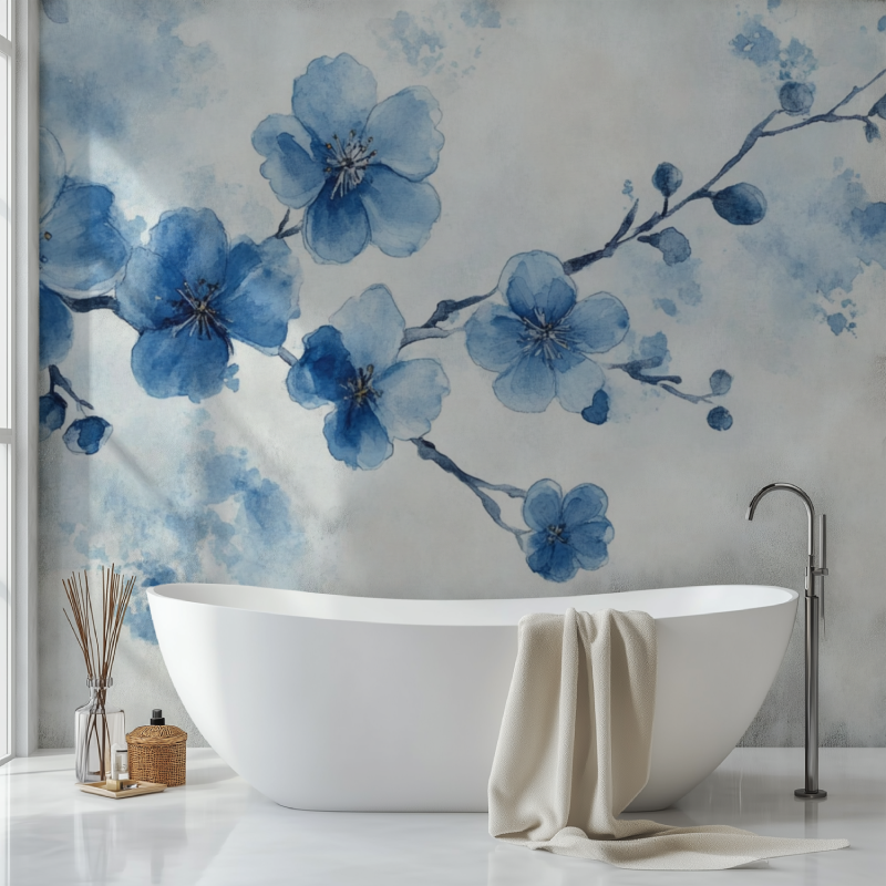 Papier peint fleur de cerisier bleu sdb