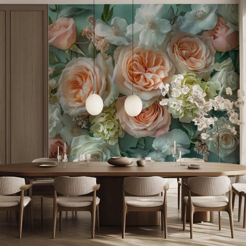 Papier peint fleuri vintage vert salle manger tendance
