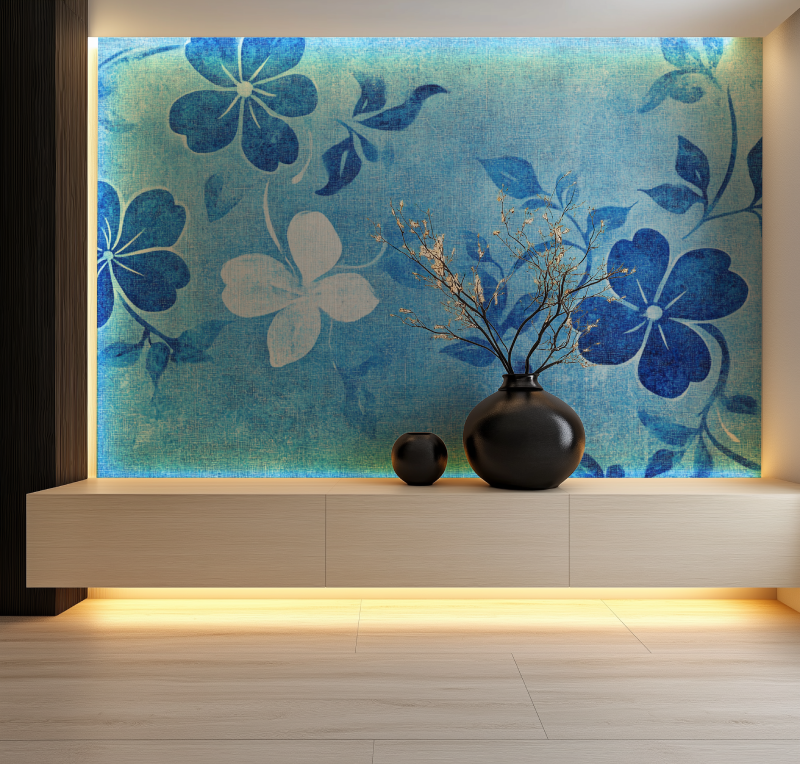 Papier peint vintage fleurs bleue salon neon