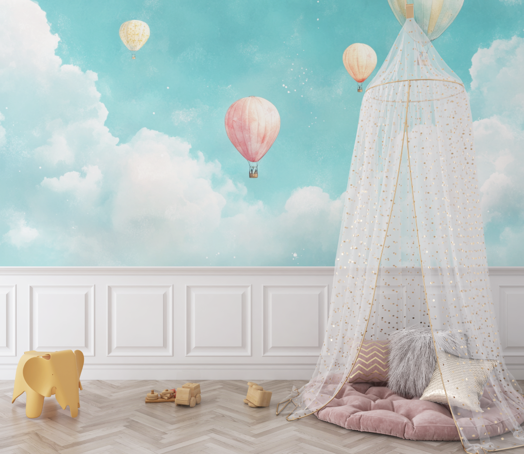 Papier peint montgolfiere et ciel turquoise bebe