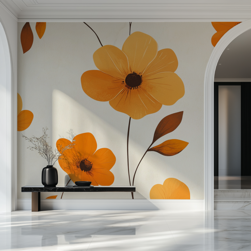 Papier peint vinyl a fleurs oranges vintage salon beau