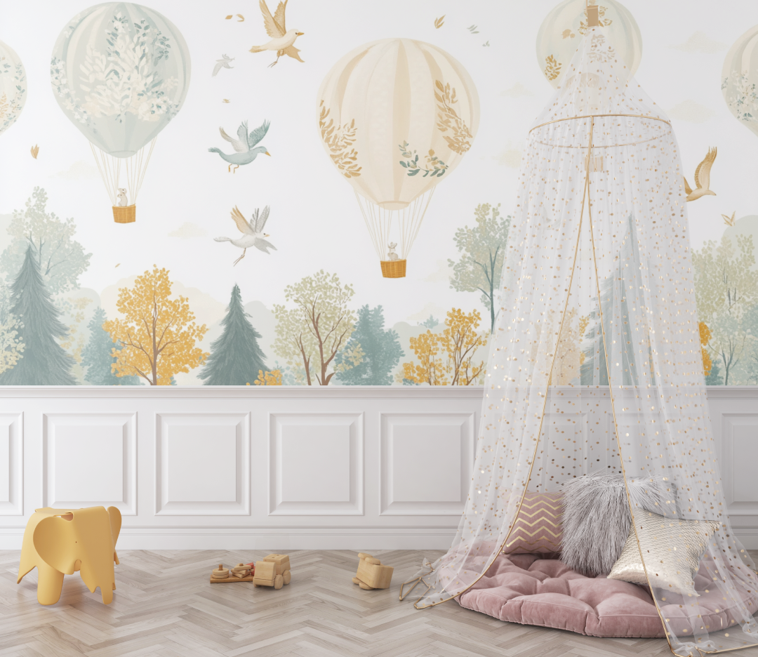 Papier peint montgolfiere et animaux de la foret bebe