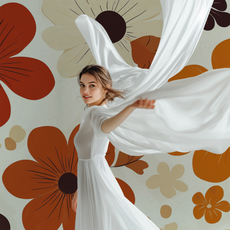 Papier peint vintage fleurs orange marron modele