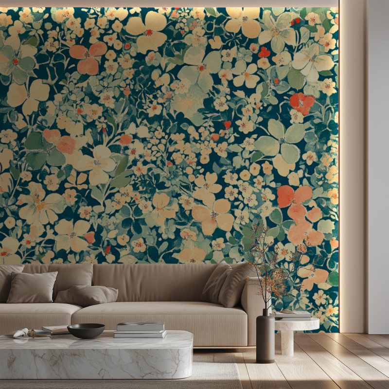 Papier peint vintage fleurs canape neon