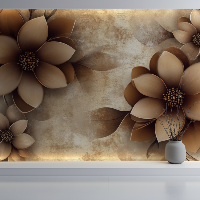 Papier peint fleur marron vintage mur blanc