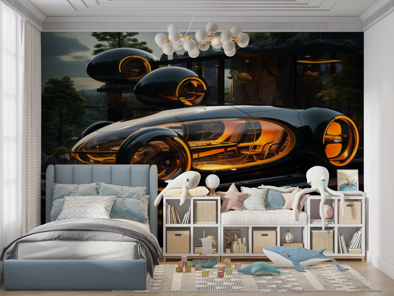 Papier peint 3d voiture maison panoramique garcon