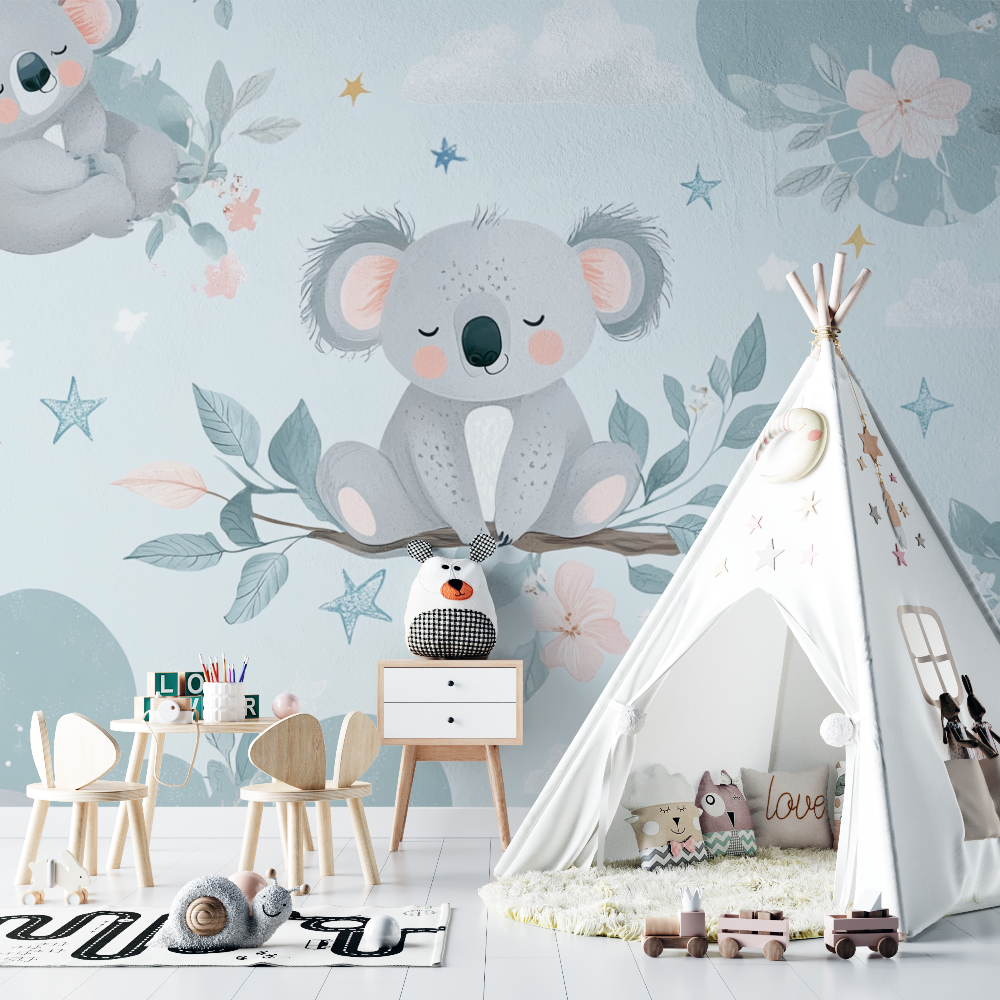 Papier peint koala en pyjama pastel chambre bebe