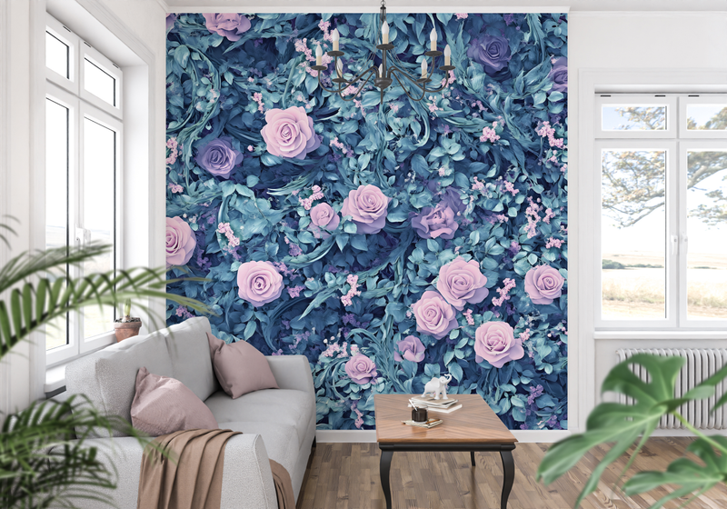 Papier Peint Bleu Et Rose Fleurs - tapisserie