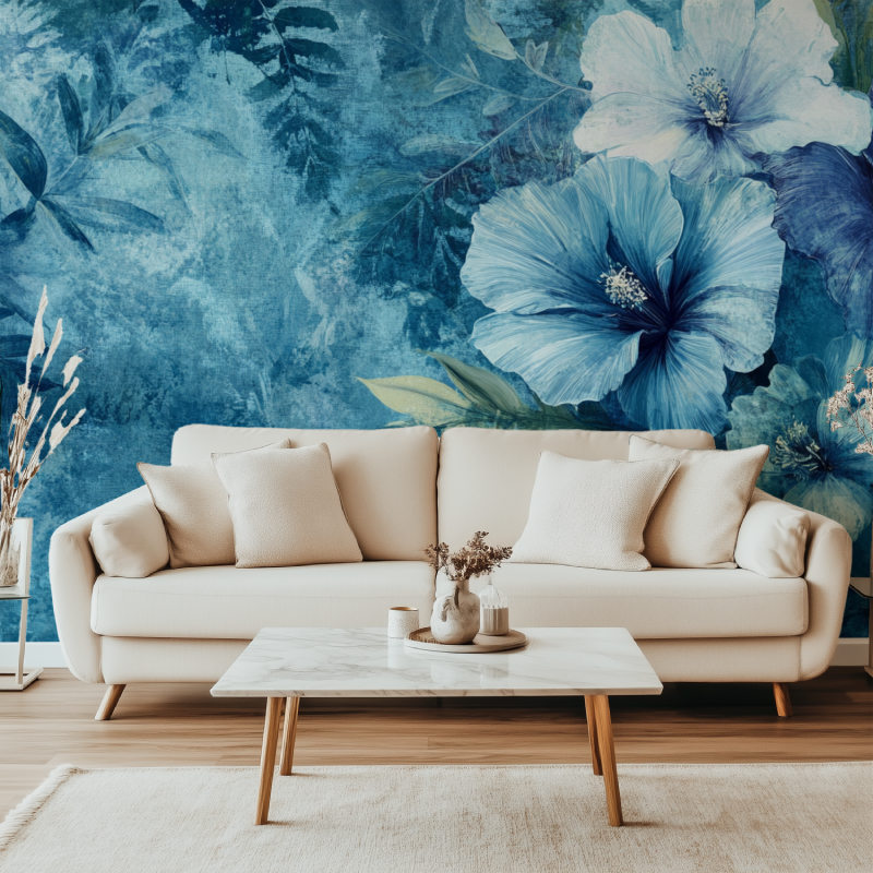 Papier peint vintage fleurs bleue canape simple