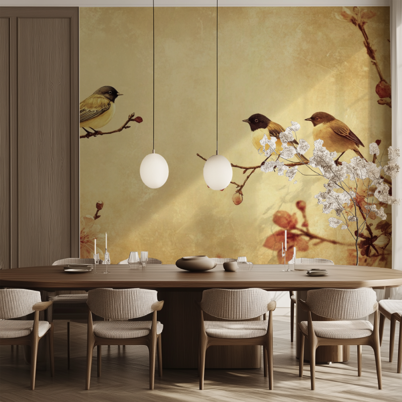 Papier peint vintage fleur et oiseau salle manger tendance